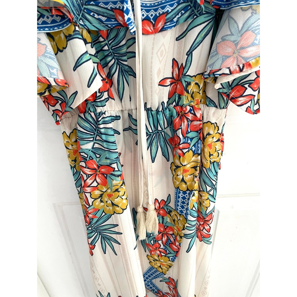 Tropical Floral High Low Maxi Dress Cold Shoulder Tassel Tie Cream Multi Medium - Picture 3 of 5
